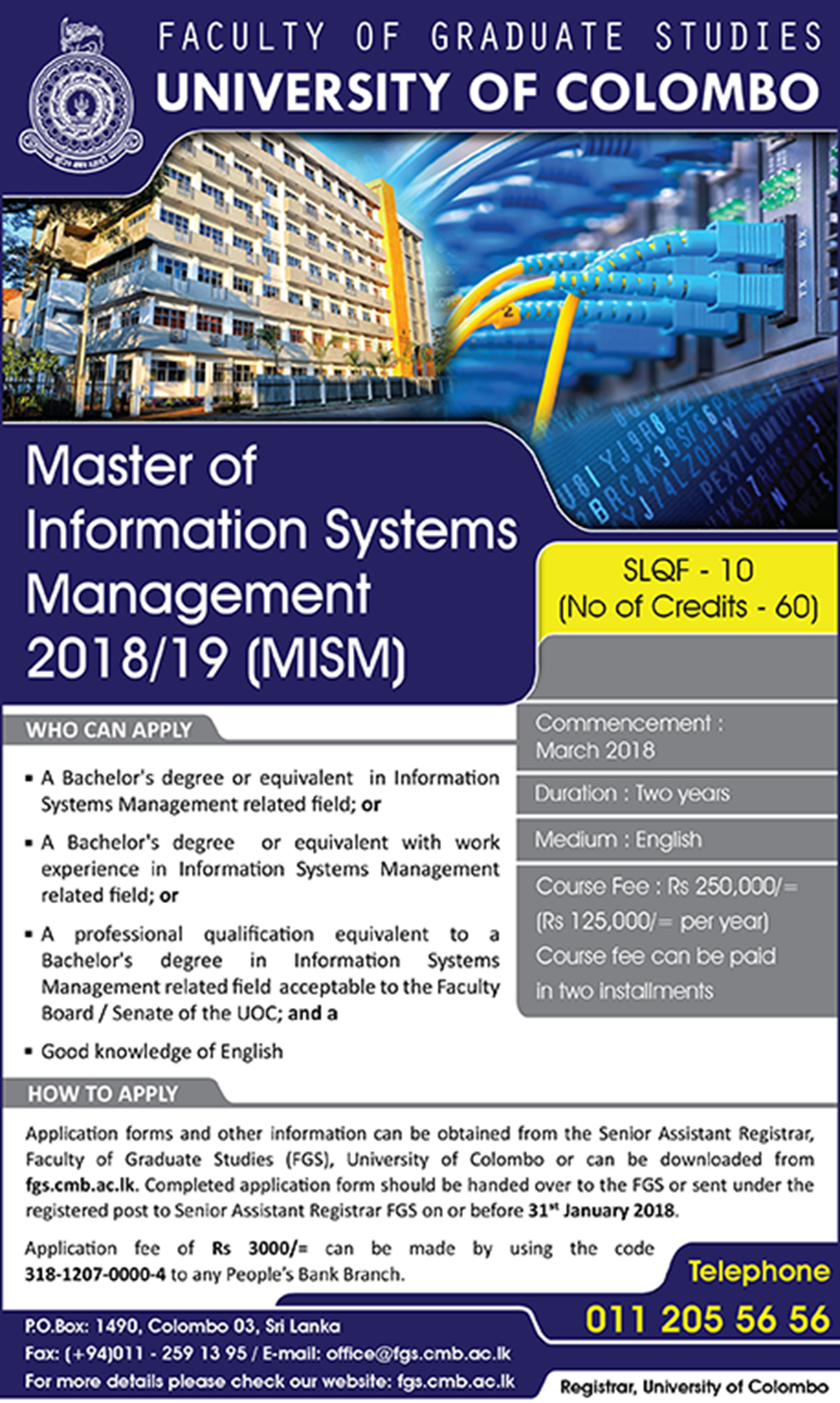 Master of Information Systems Management 2018/19 (MISM) - Faculty of Graduate Studies - University of Colombo